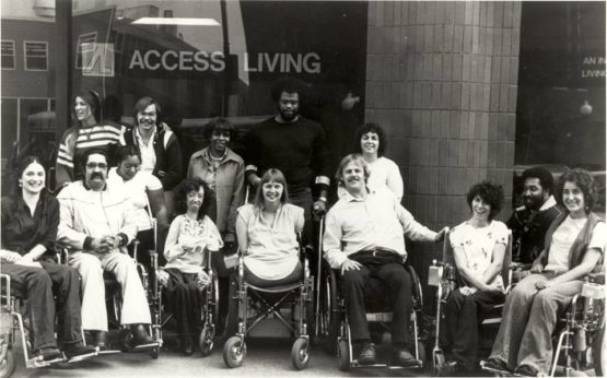 Black and white photo of the 1980 Access Living Staff, including Marca.