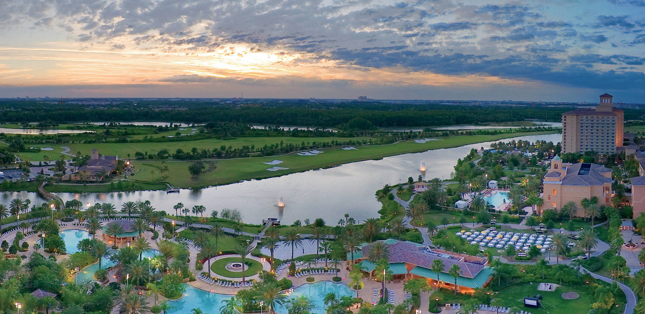 View from the JW Marriott of the Grande Lakes, Orlando area showing pools, lakes, greenspace, and other properties
