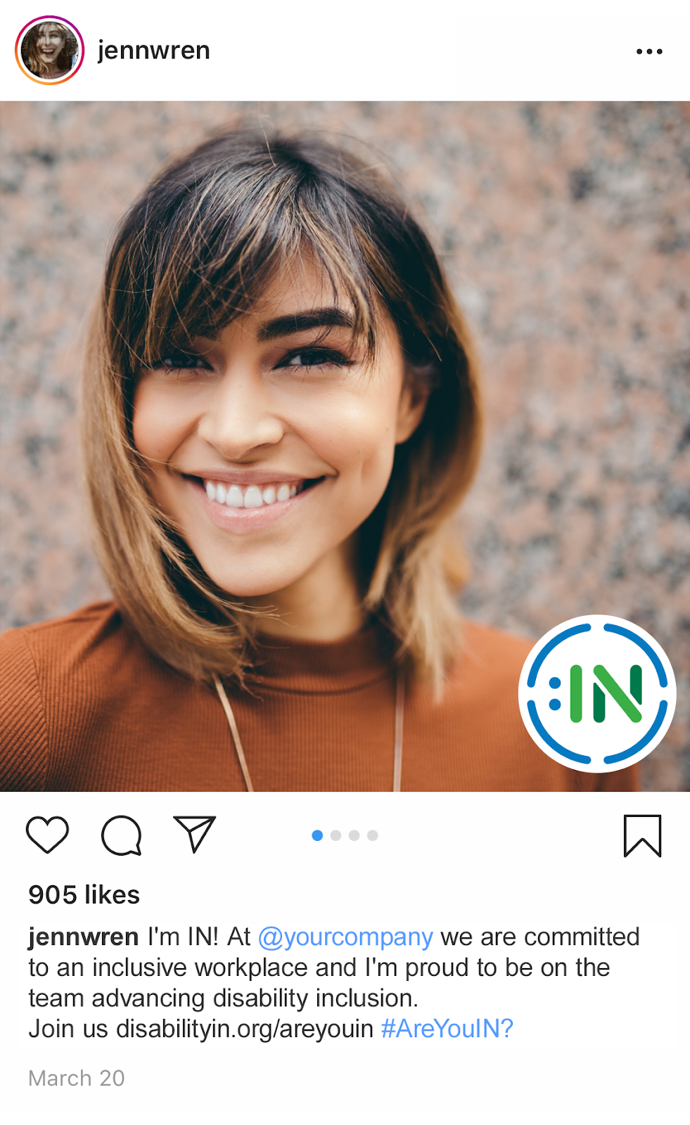 example social media post with woman smiling and "IN" circle stamped on corner