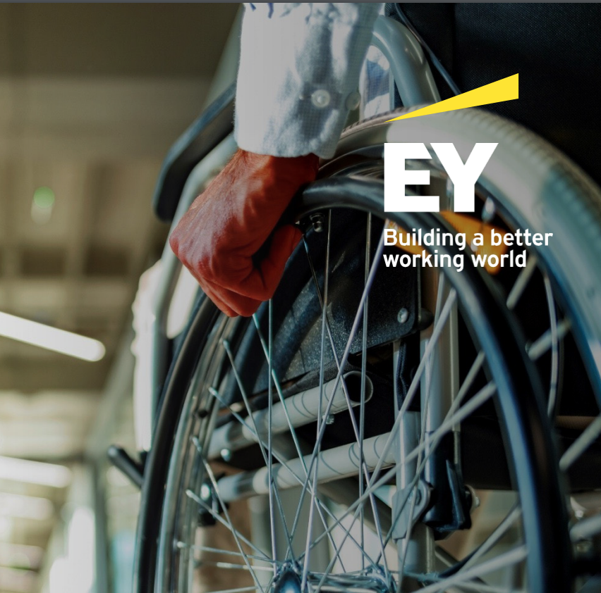 man in wheelchair. EY logo.