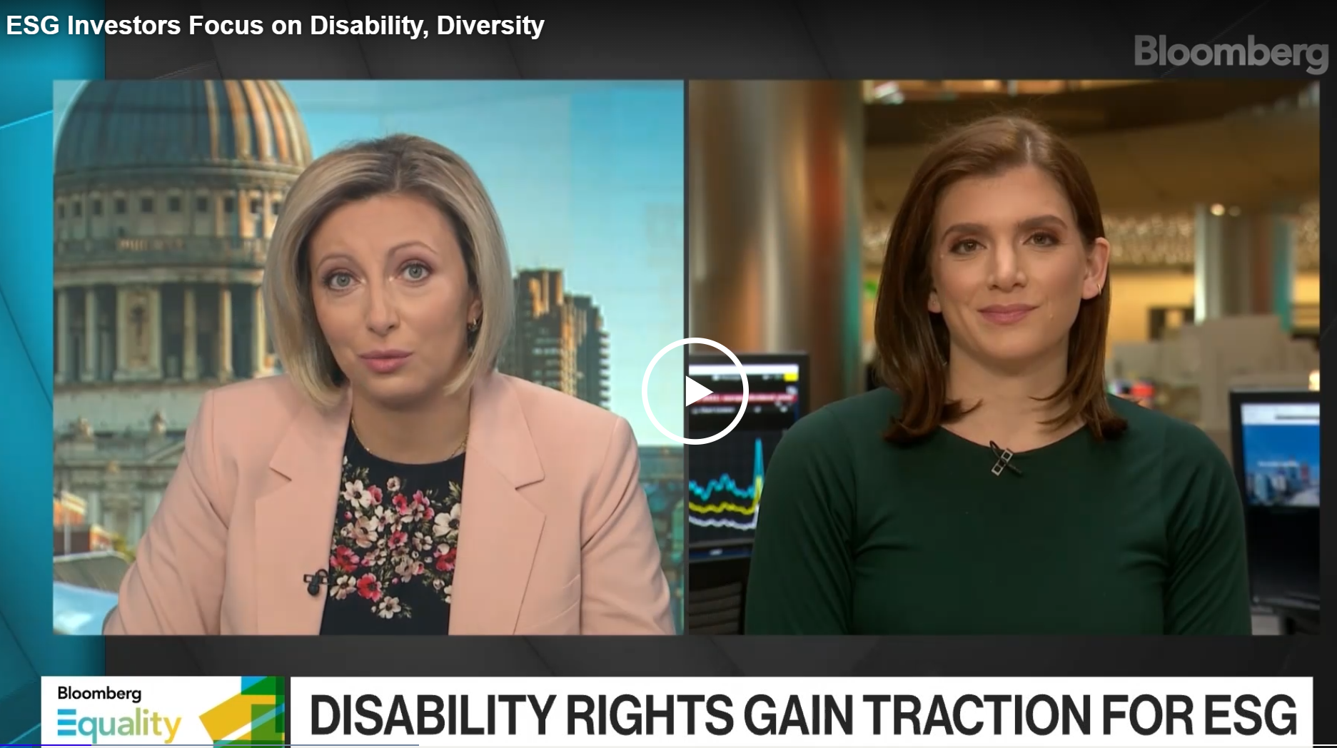 Bloomberg video screengrab showing two women. Title of segment "Disability Rights gain traction for ESG"