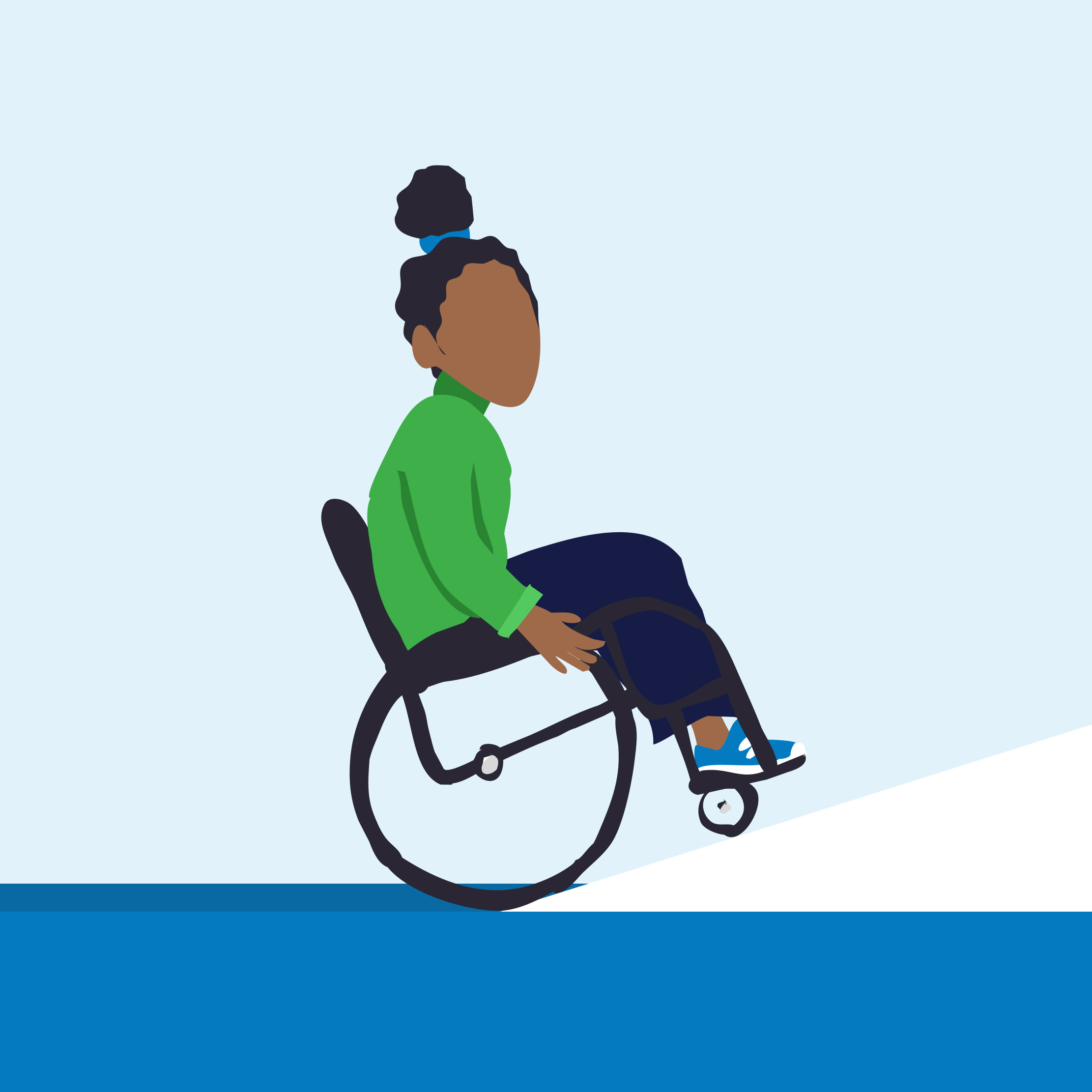 Accessibility: Woman in wheelchair on ramp