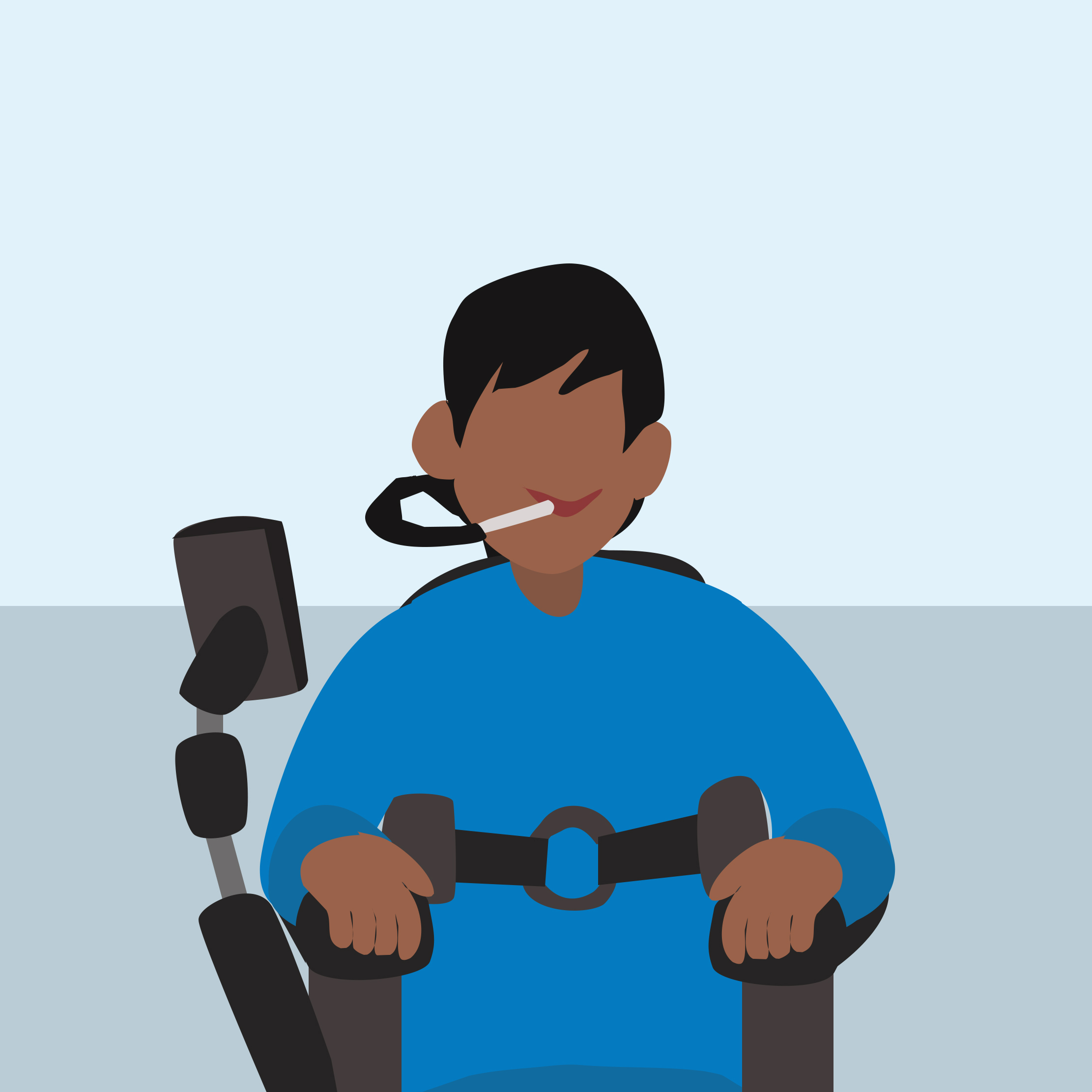 Accessibility: mouth stick user in wheelchair with smartphone attachment