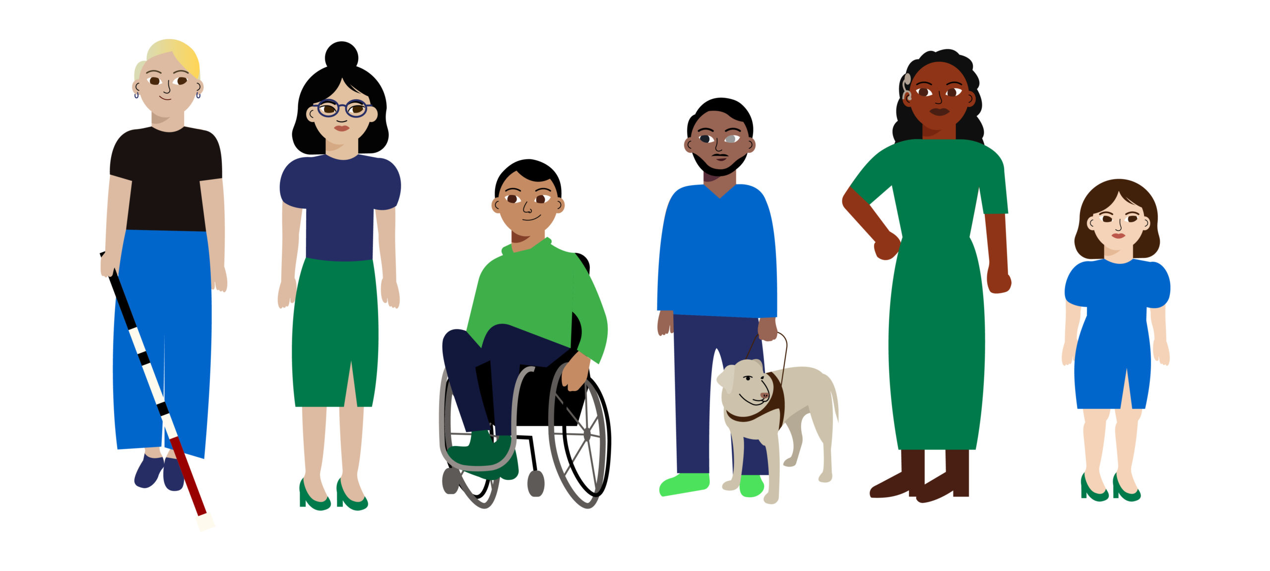 Six illustrated individuals with disabilities: White non-binary person with low vision, Asian woman with non-apparent disability, Hispanic man using a wheelchair, South Asian man with service animal, Black woman with cochlear implant, and a white woman with Dwarfism. 