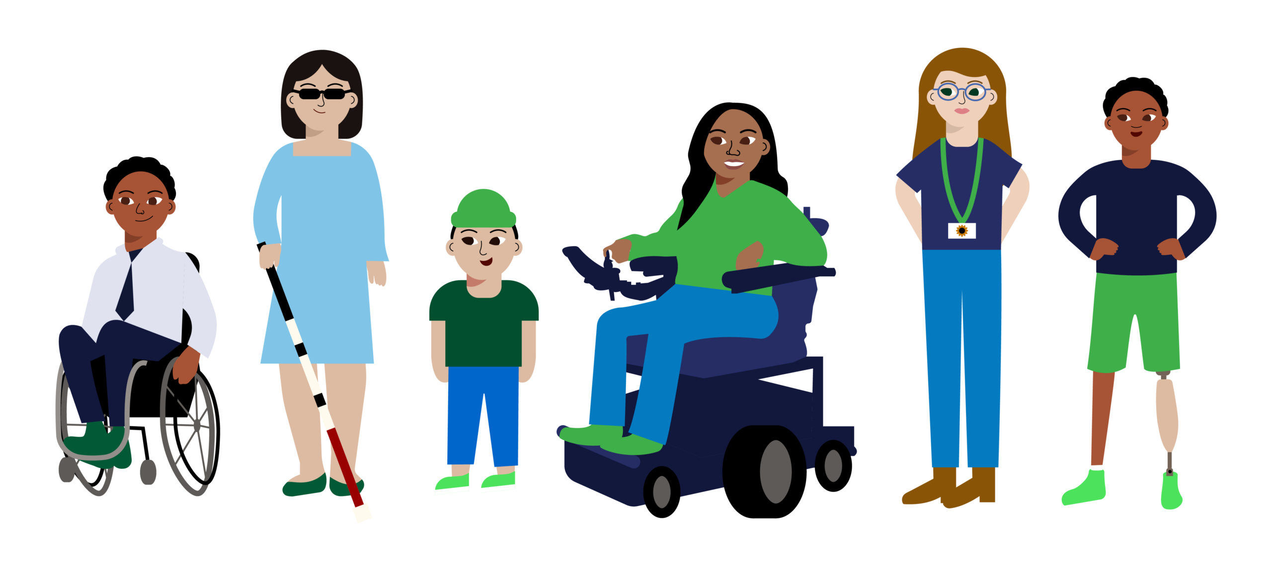 Six illustrated individuals with disabilities: Black man using a wheelchair, Asian woman with a white cane, Latiné with Dwarfism, Black woman in a power chair, white woman with sunflower lanyard for autism, and a Black amputee man. 