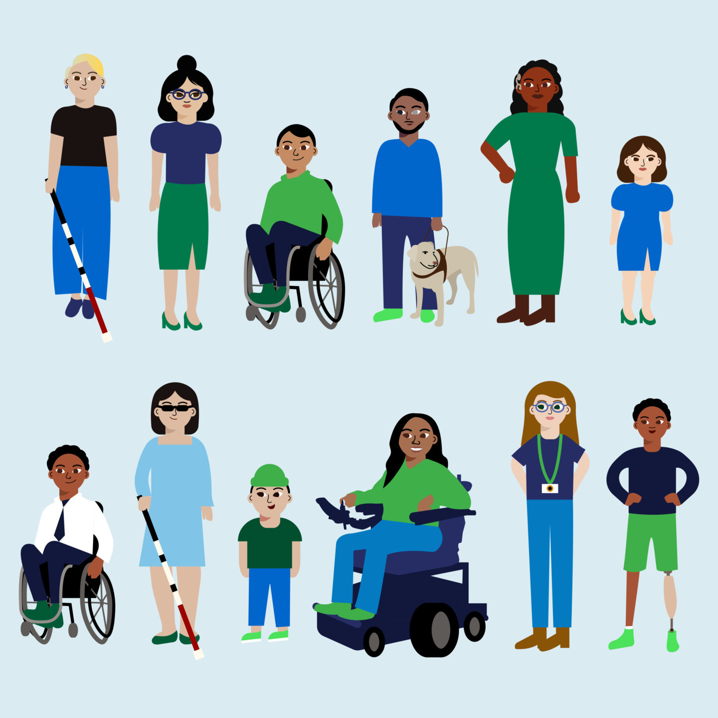 Twelve illustrated individuals with disabilities against a light blue background.