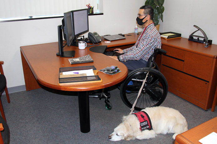 Don Chan working at desk with service dog nearby
