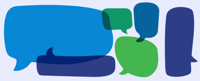 Several blue and green speech bubbles are overlapping, with one single speech bubble isolated to the right.