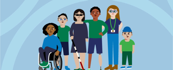 Illustration of six diverse individuals with disabilities gathered together against a light blue background.