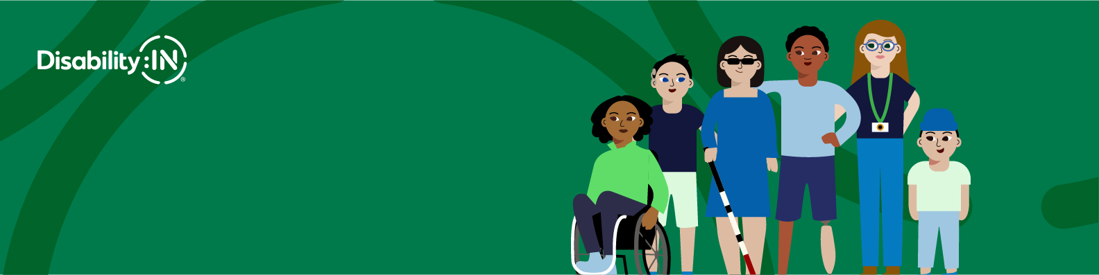 Illustration of six diverse individuals with disabilities gathered together against a green background. DisabilityIN logo is seen at top left.