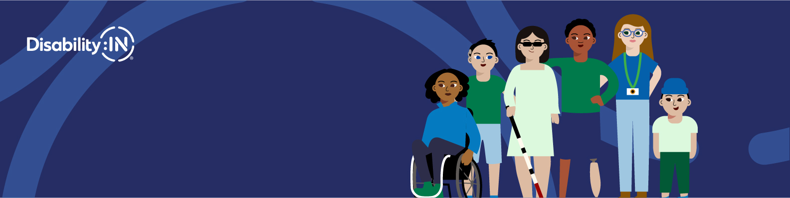 Illustration of six diverse individuals with disabilities gathered together against a dark blue background. DisabilityIN logo is shown in top left.