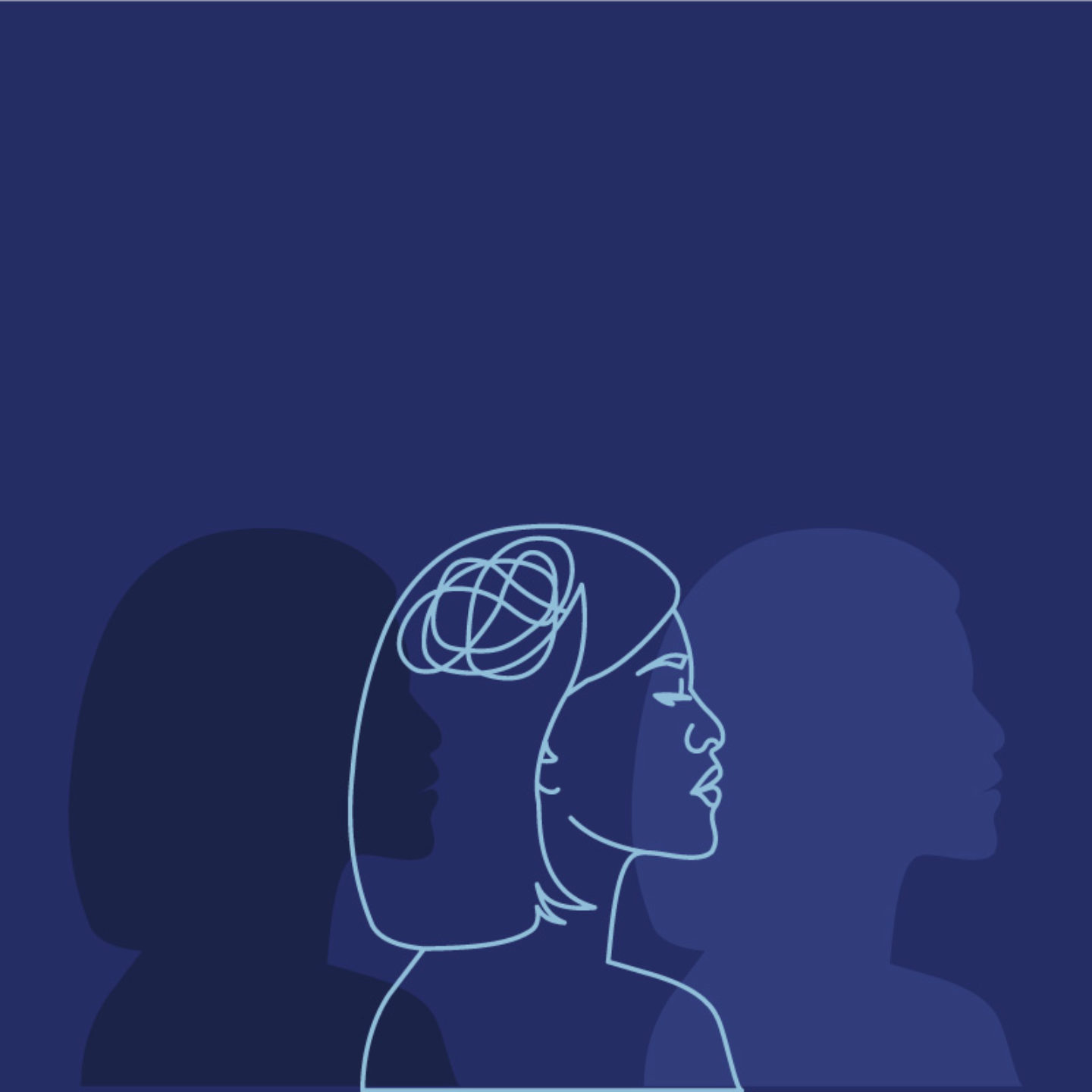 Outlined side profile view of a woman with short hair with a scribbled design in her head to signify mental illness. Next to the outlined design is two solid shapes of her side profile, signifying depression and mood changes
