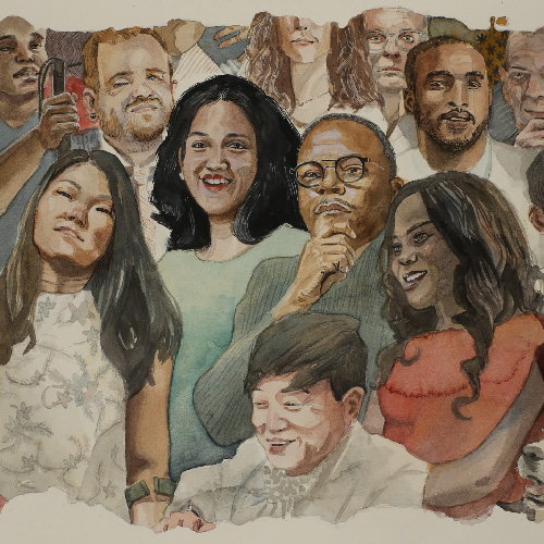 Watercolor style illustration of diverse people with disabilities.