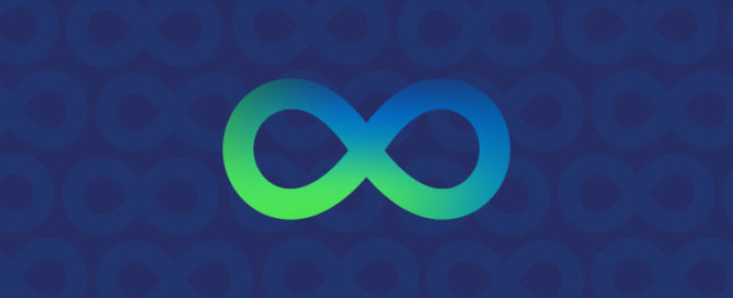 Infinity symbol, representing neurodivergence, in green and blue gradient against navy blue background.