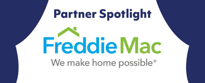 Partner Spotlight on Freddie Mac. Tagline reads We make home possible. Curtain and stage design with navy curtains and white background.