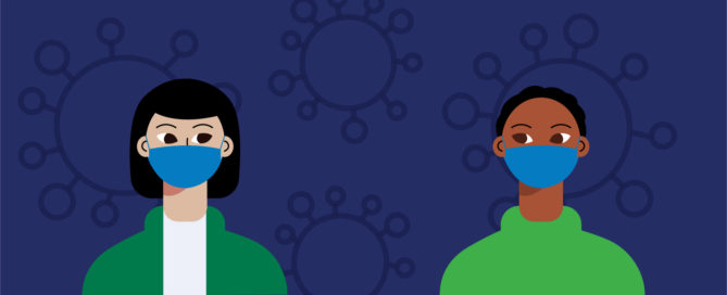Geometric illustration of two diverse individuals distancing from each other and wearing face masks against a navy blue background with a virus pattern.