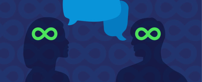 Two silhouettes with green infinity symbol facing each other with blue speech bubbles above them overlapping. In the background there is an infinity symbol pattern to represent neurodiversity.