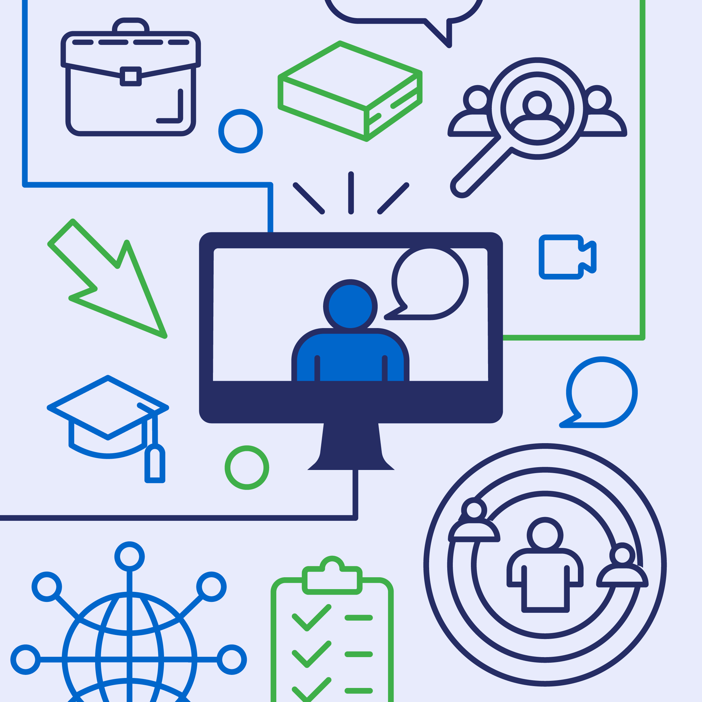 Simple outlined illustration with computer and candidate in a virtual meeting, with career-themed icons surrounding the computer.