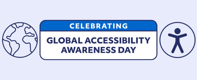 Celebrating Global Accessibility Awareness Day (GAAD). Light blue geometric illustration with navy global and accessibility icons.