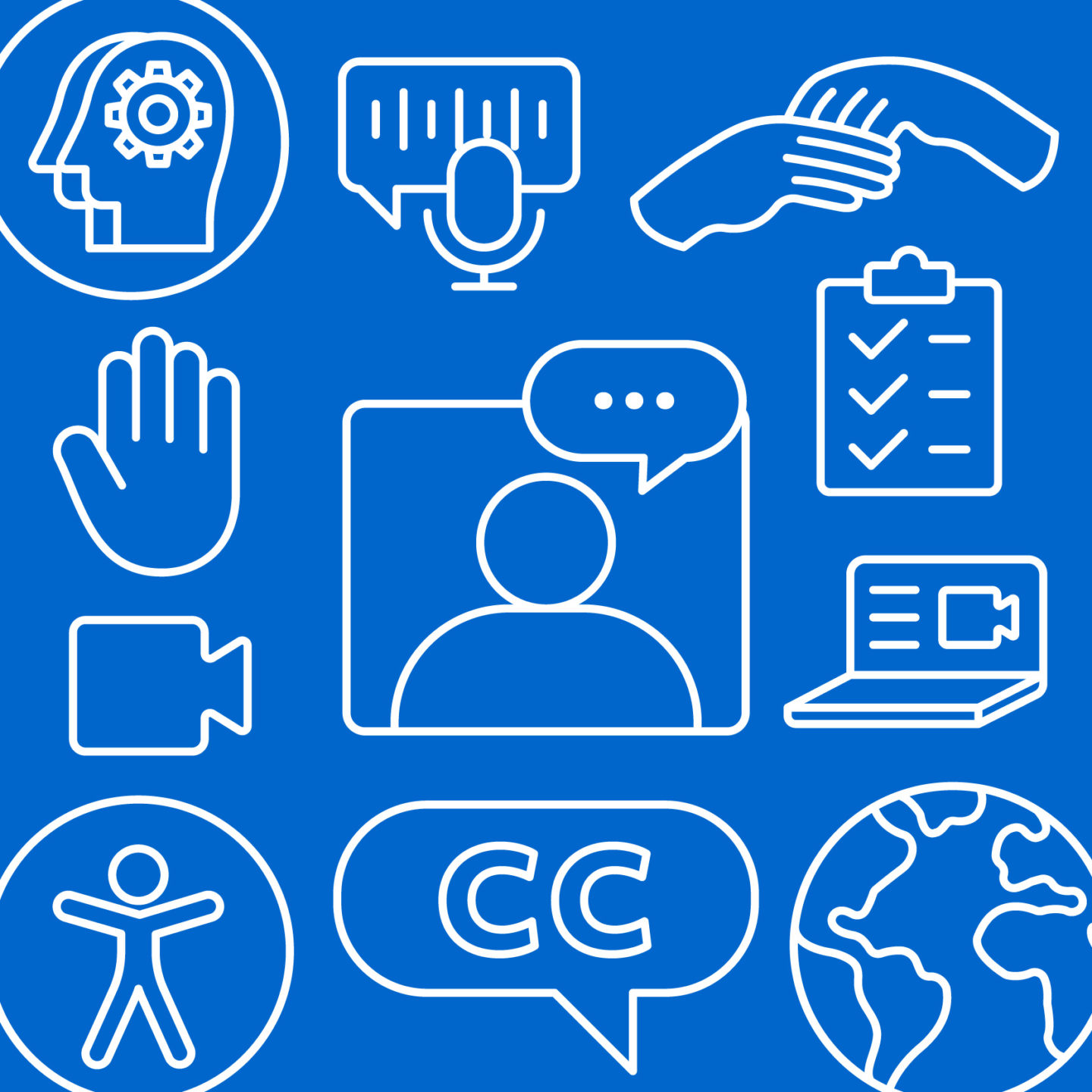 Various accessibility icons in white outline against blue background