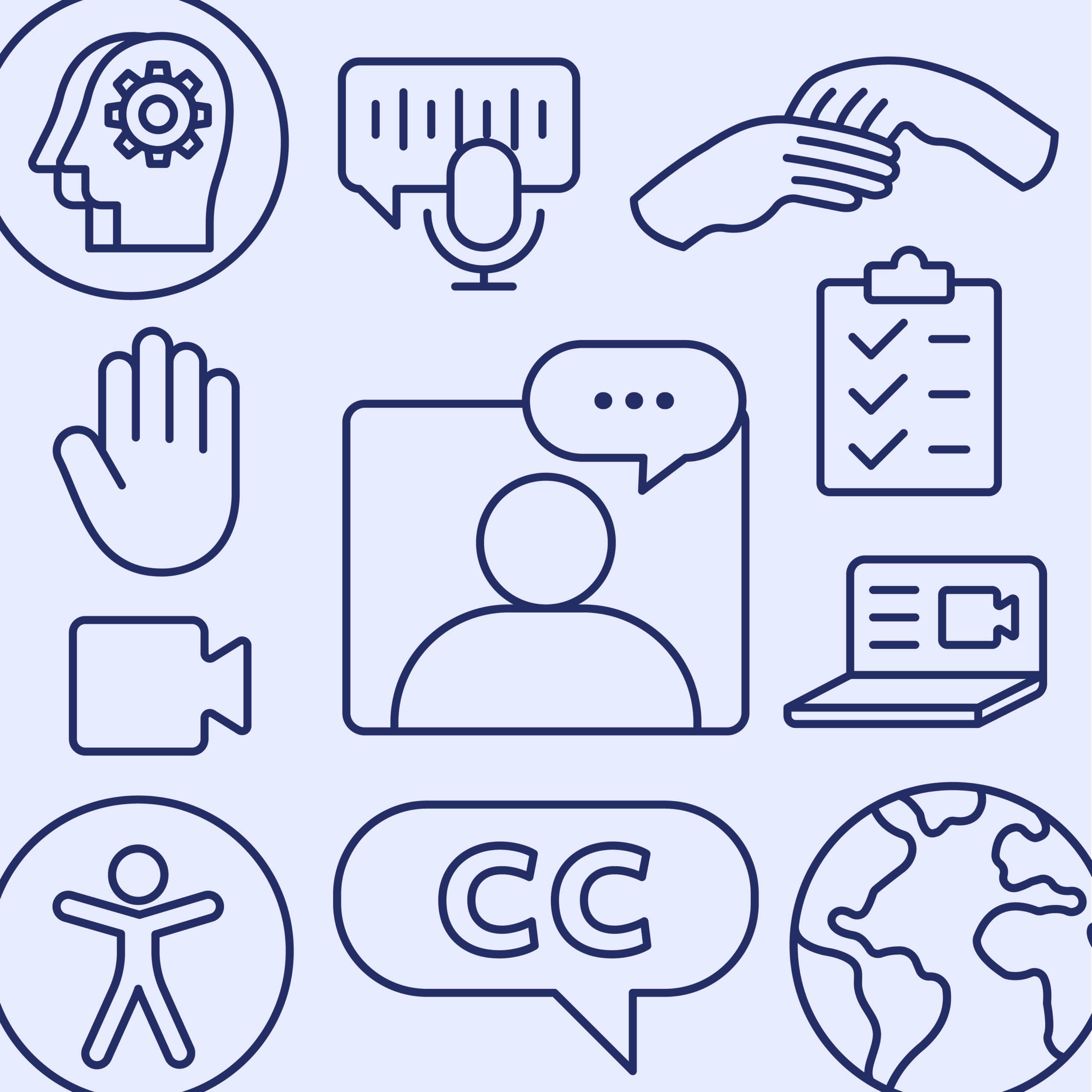Various accessibility icons against light blue background.