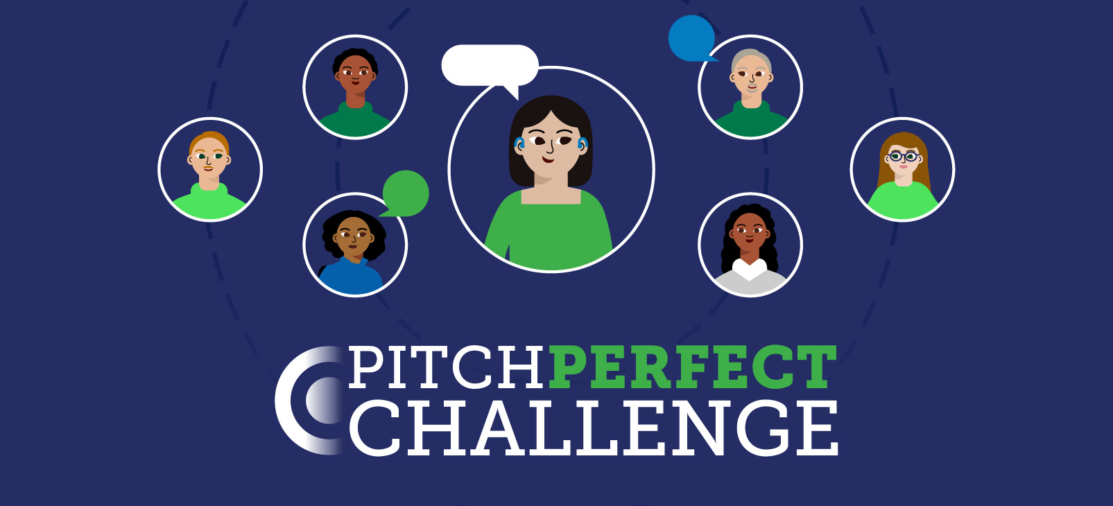 Pitch Perfect Challenge. Geometric illustration of seven individuals with one Deaf person in the middle pitching their business.