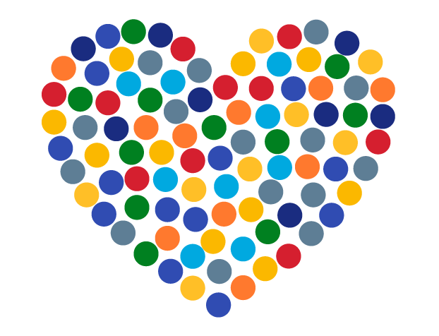 Heart with various colored dots representing the spectrum of disability.