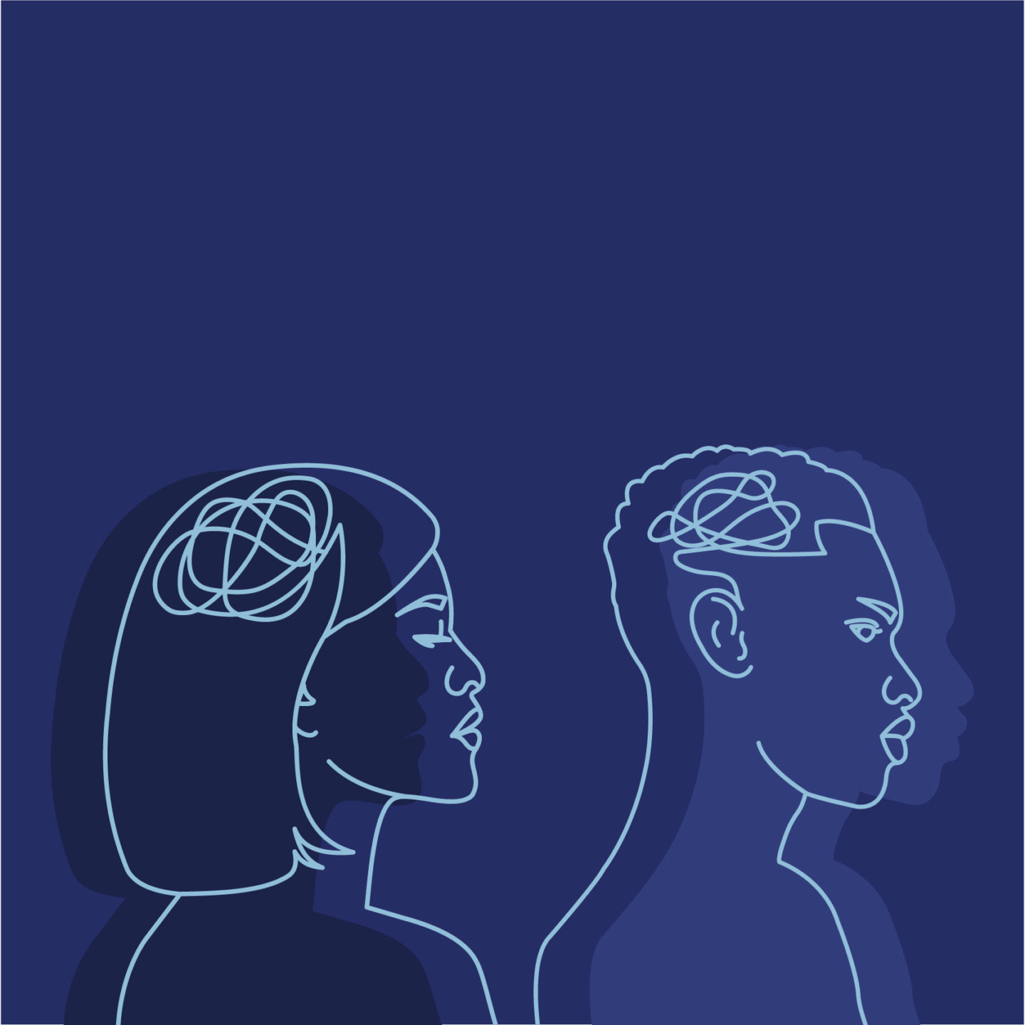 Navy blue outlined side profile illustration of an Asian woman and Black man.