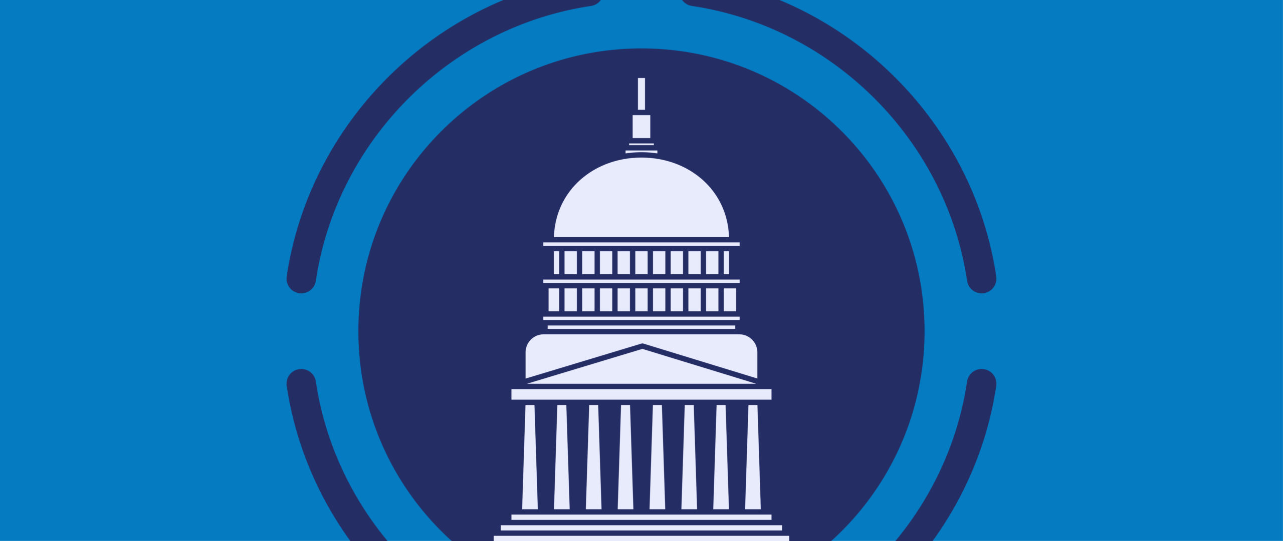 Blue illustration of political building with navy circle and stenciled circle behind it.