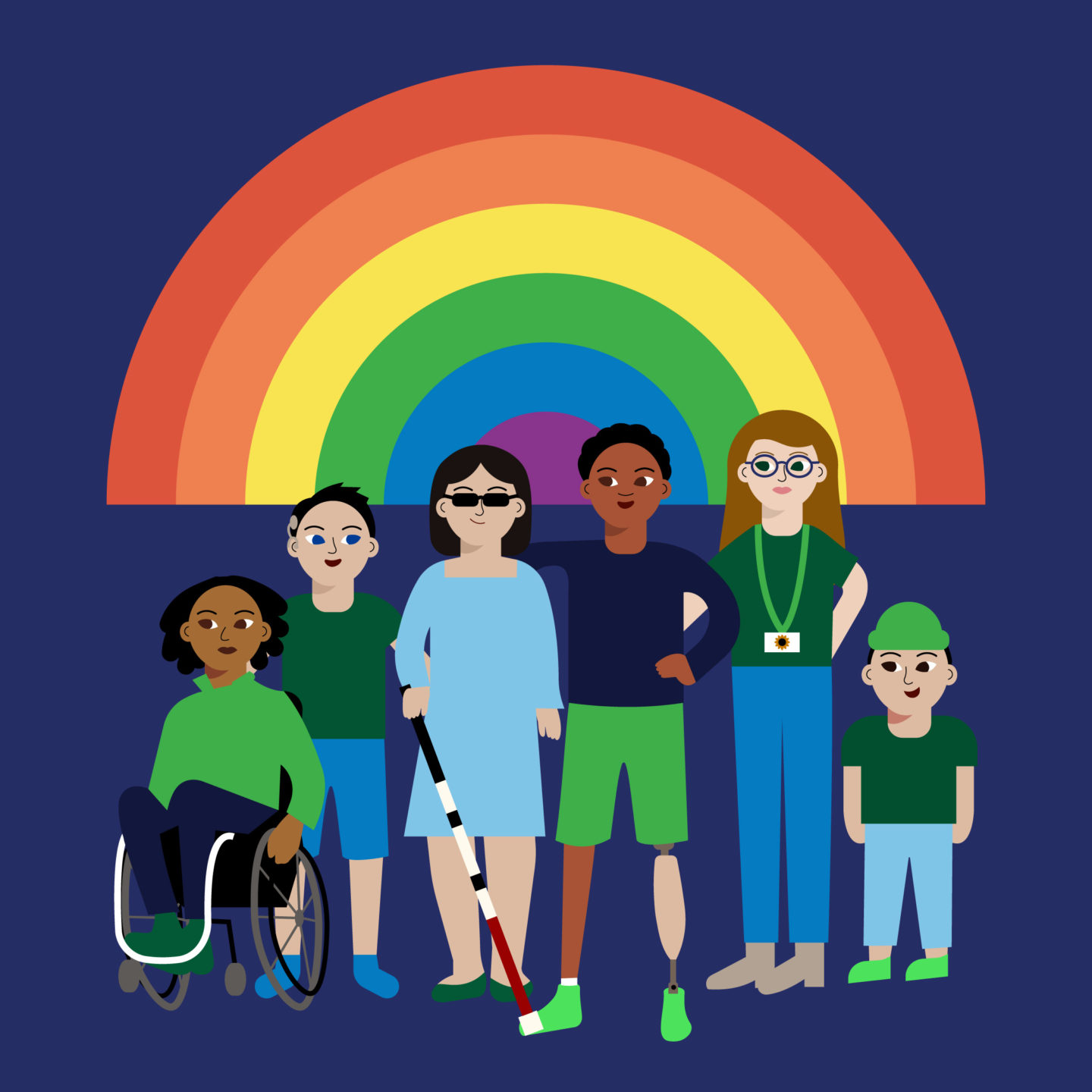 Simple illustration of diverse people with disabilities with rainbow LGBTQIA+ rainbow above them.