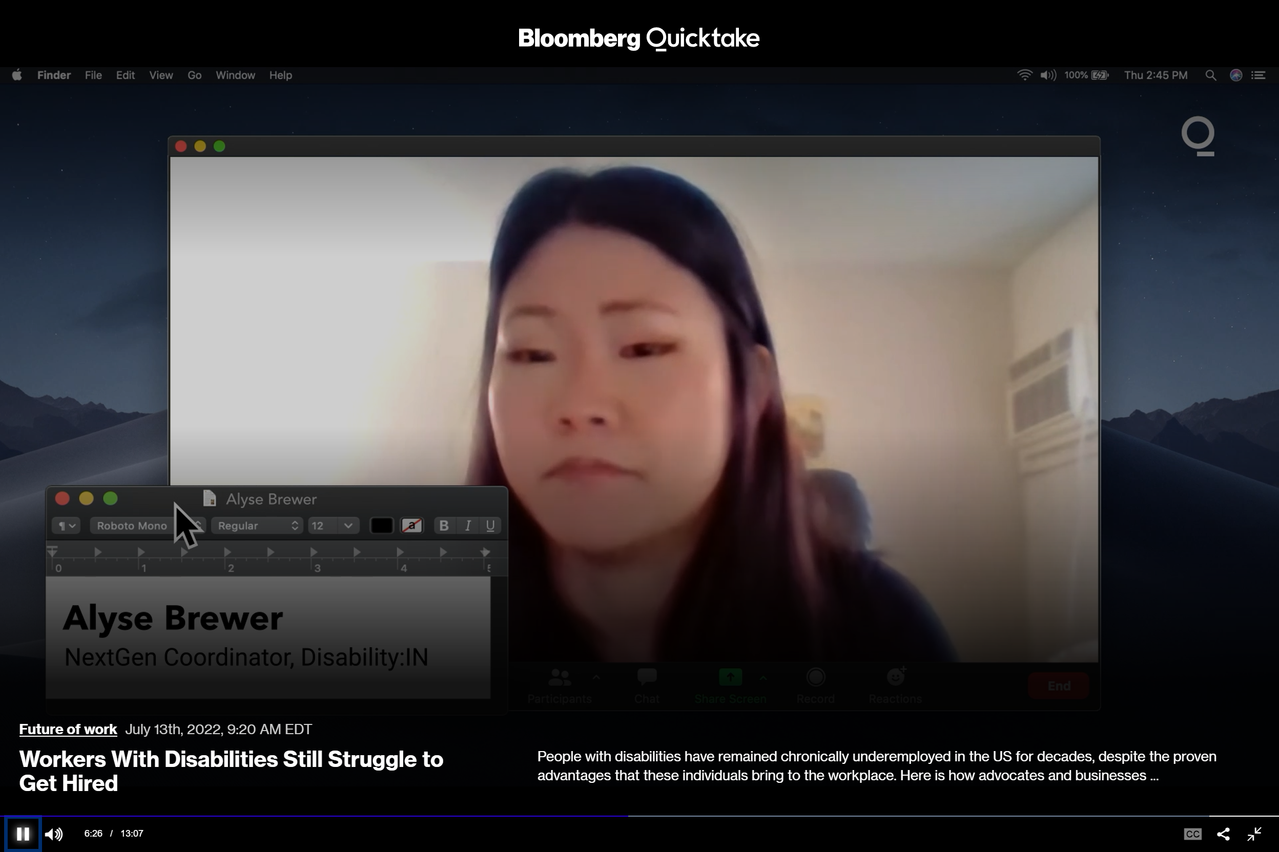 Screengrab of video from Bloomberg Quicktake featuring Alyse Brewer, Disability:IN NextGen Coordinator