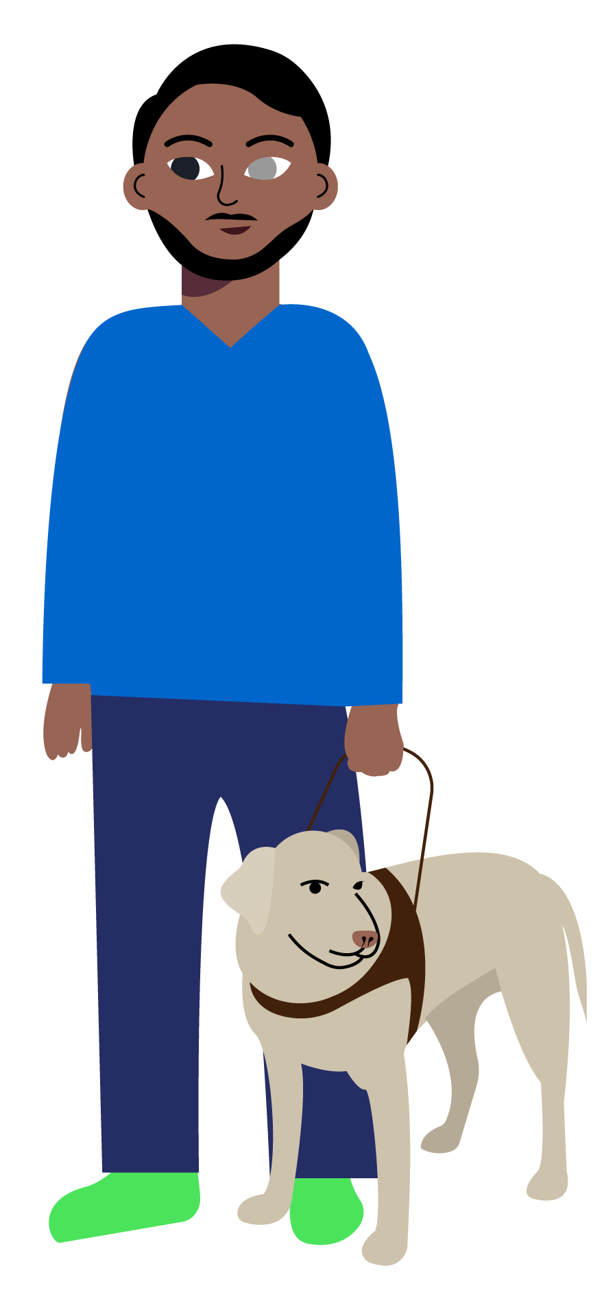 Simple illustration of Amir, a South Asian man with low vision. He has a service dog.