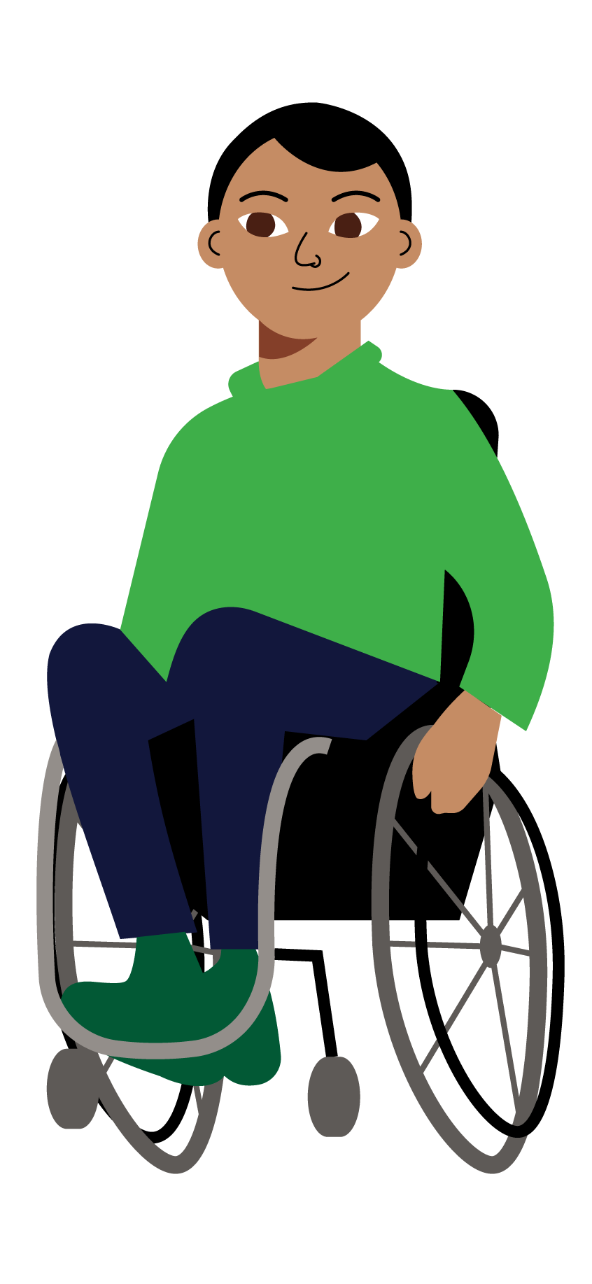 Simple illustration of Matt, a Latiné man with a mobility disability. He uses a wheelchair.
