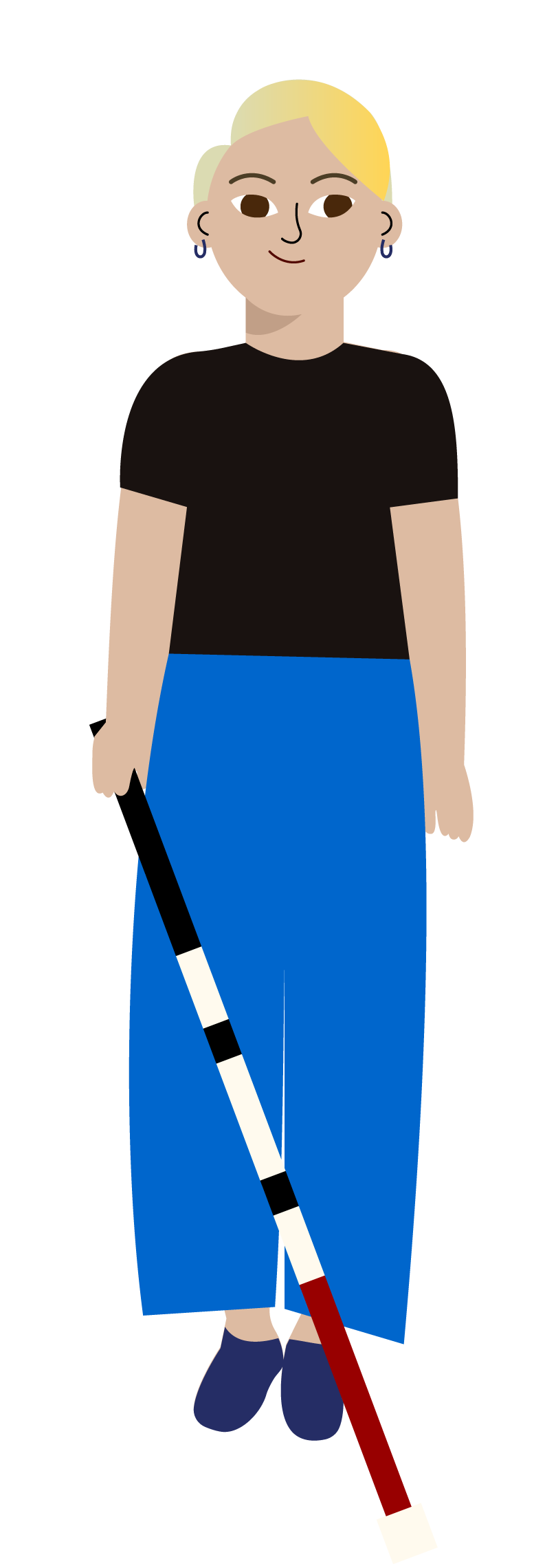 Simple illustration of Sammi, a white, Blind, non-binary analyst. They use a white cane.