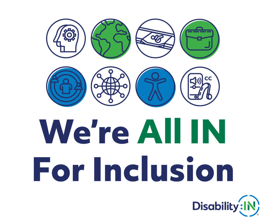 White design with eight disability inclusion icons and text that reads 