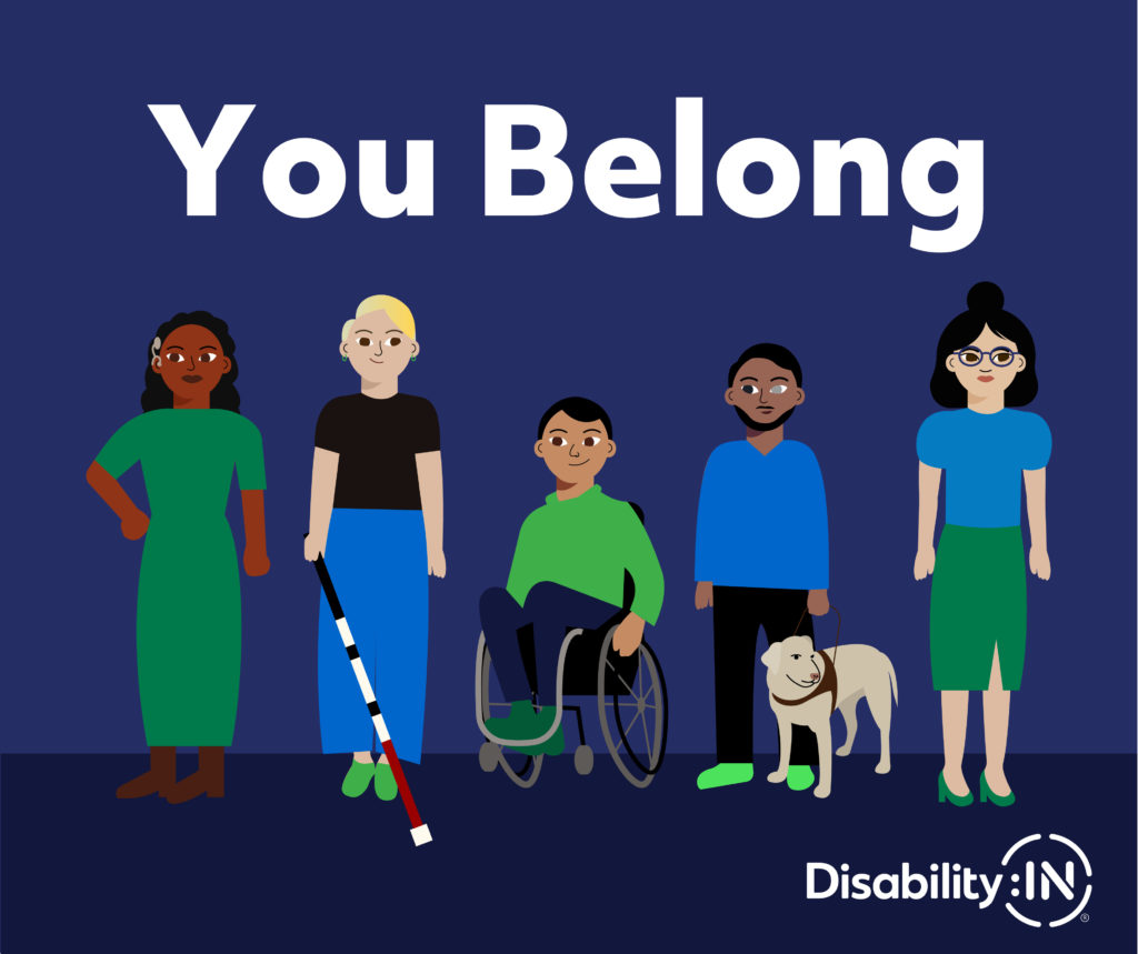 "You Belong" in white text against navy background featuring five diverse individuals with disabilities. Disability:IN.