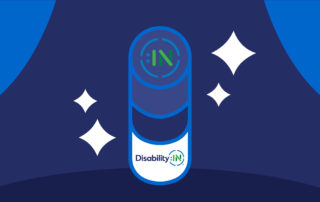 Illustration of Disability:IN Inclusion Awards trophy against navy background and blue stage curtains.