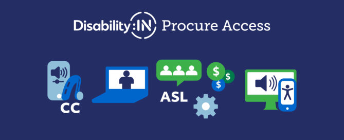 Disability:IN Procure Access. Simple illustration of various accessible technologies such as Closed Caption, ASL interpretation, digital accessibility, and audio descriptions.