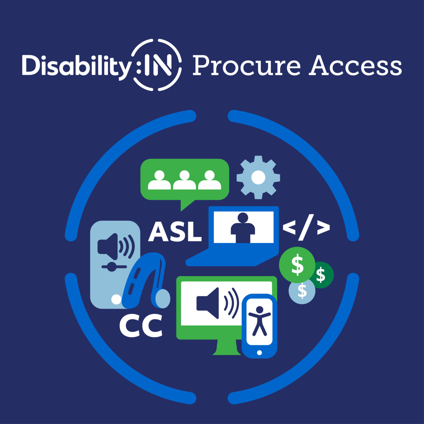 Disability:IN Procure Access. Blue and green illustrations featuring various digital accessibility tools and technologies.