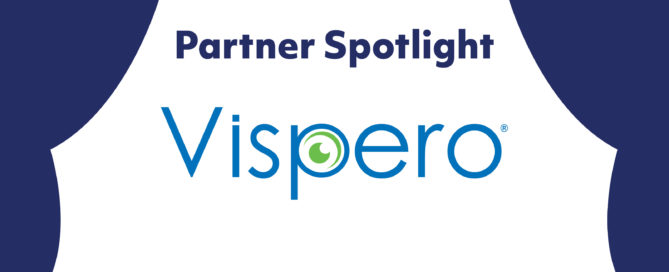 Partner Spotlight: Vispero. White background with navy blue curtain design.