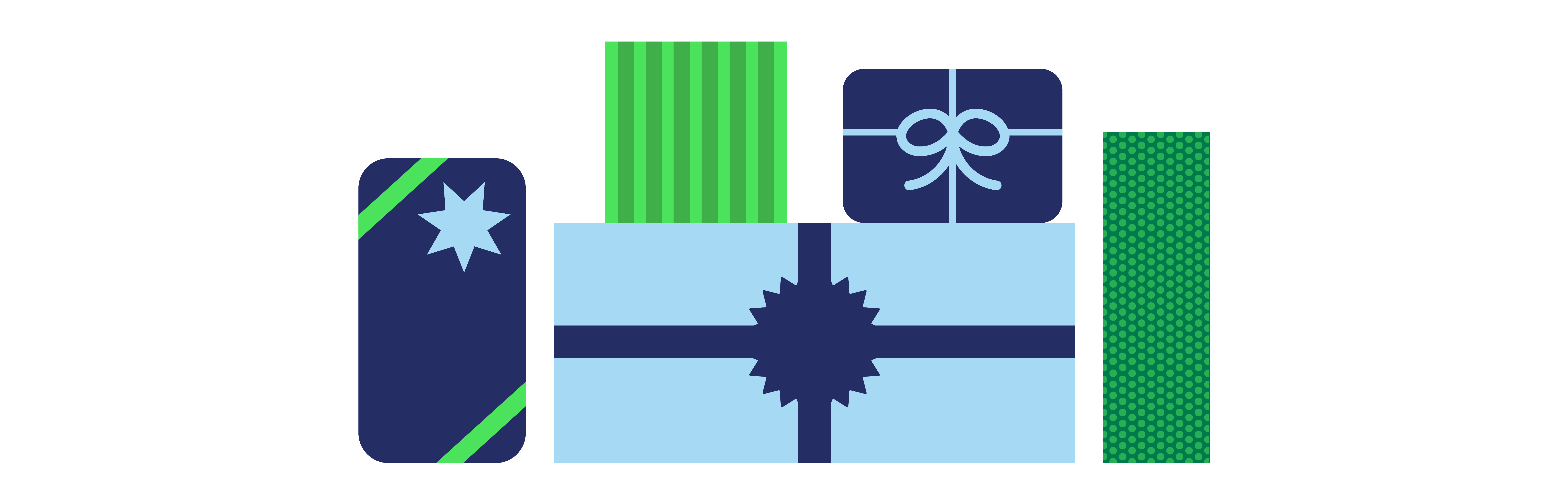 Illustration of various stacked blue and green giftboxes.