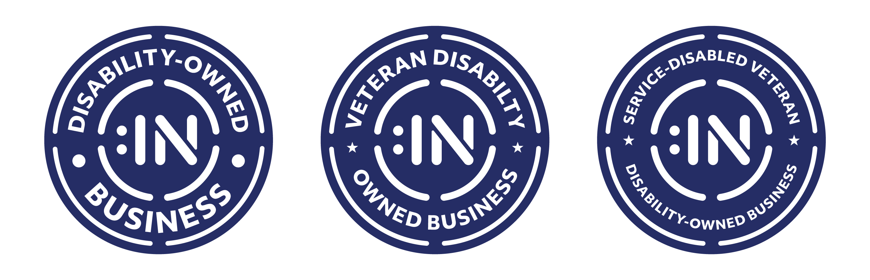 Disability-Owned Business, Veteran Disability-Owned Business, Service-Disabled Veteran Disability-Owned Business certification logos.
