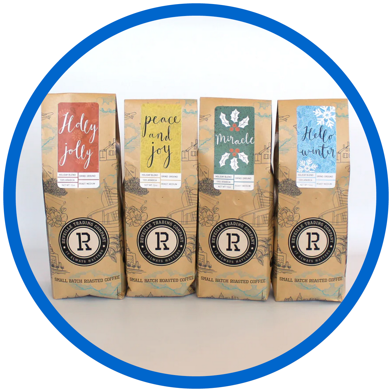 Reveille Trading Company Holiday Blend Bundle of 4 coffee varieties.