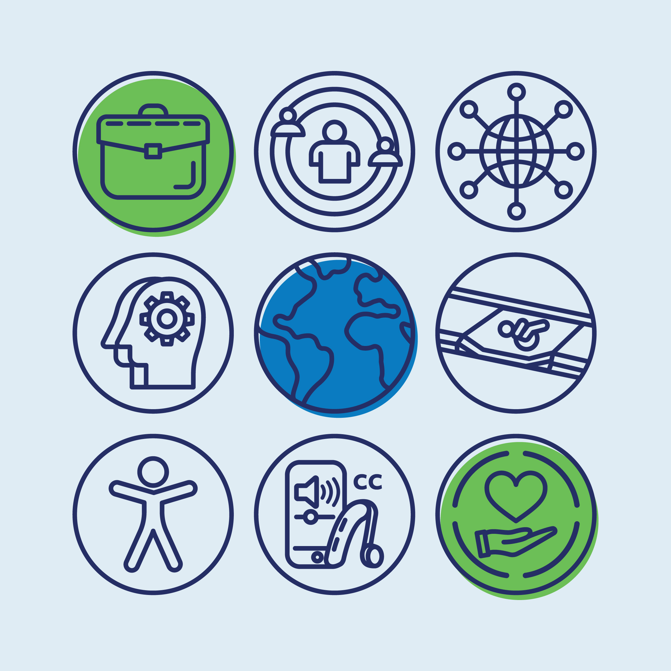 Nine outlined icons representing workplace, disability, accessibility, and network.