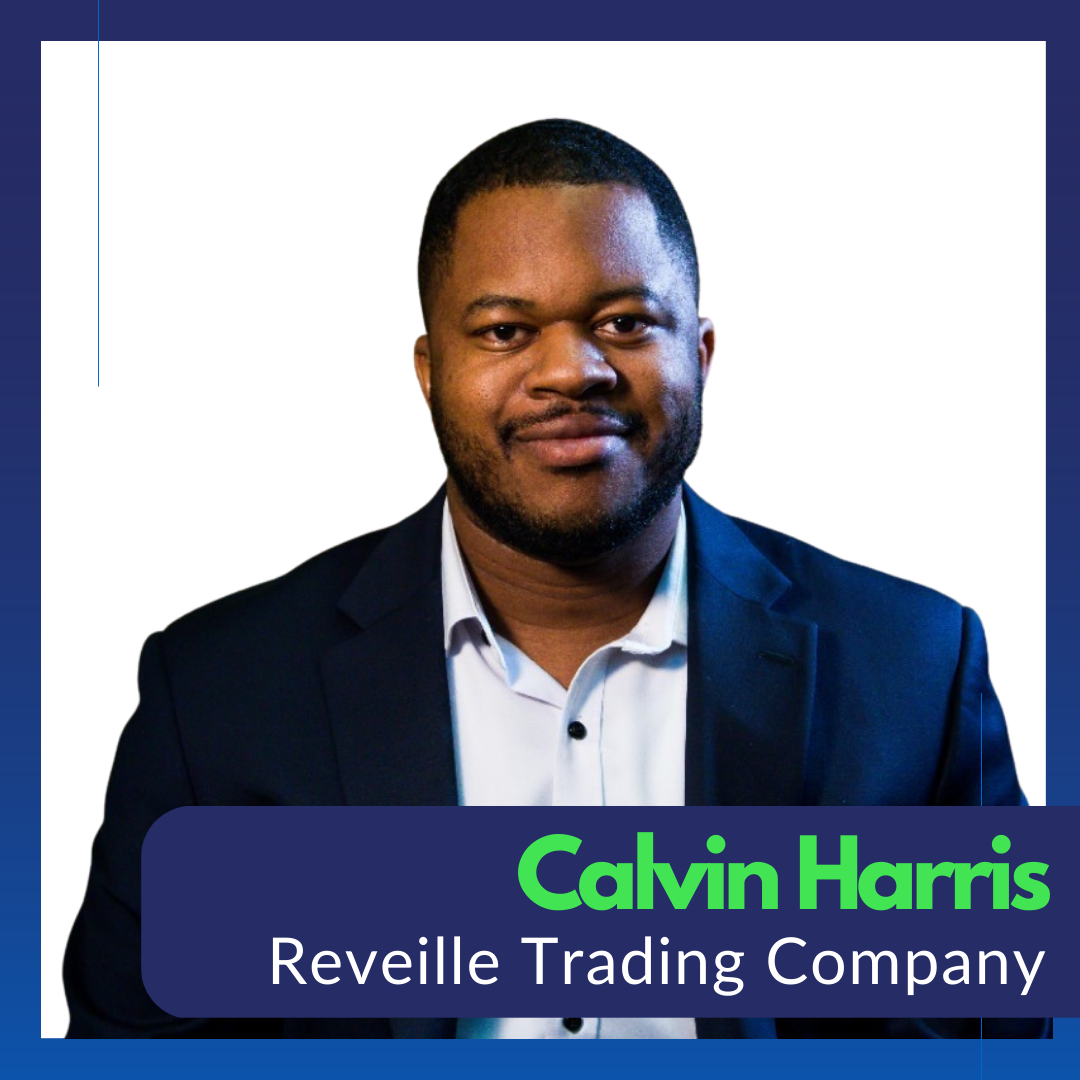Calvin smiles in front of a white background. Below, text reads: Calvin Harris, Reveille Trading Company