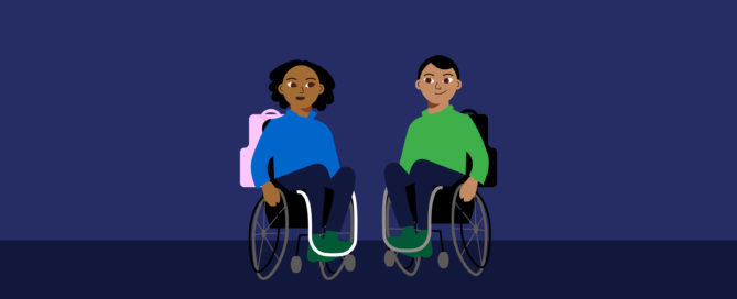 Two individuals with mobility disabilities in their wheelchair with an adaptive backpack against a navy blue background.