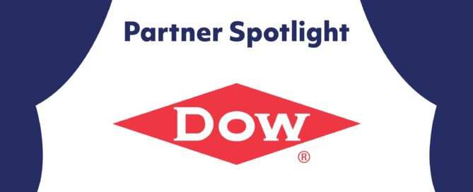 Partner Spotlight: Dow. Navy blue curtain design against white background.