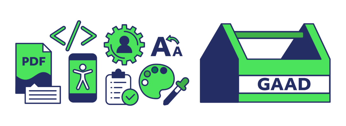 Various design, document, coding, checklist, social media accessibility icons in neon green and navy blue.