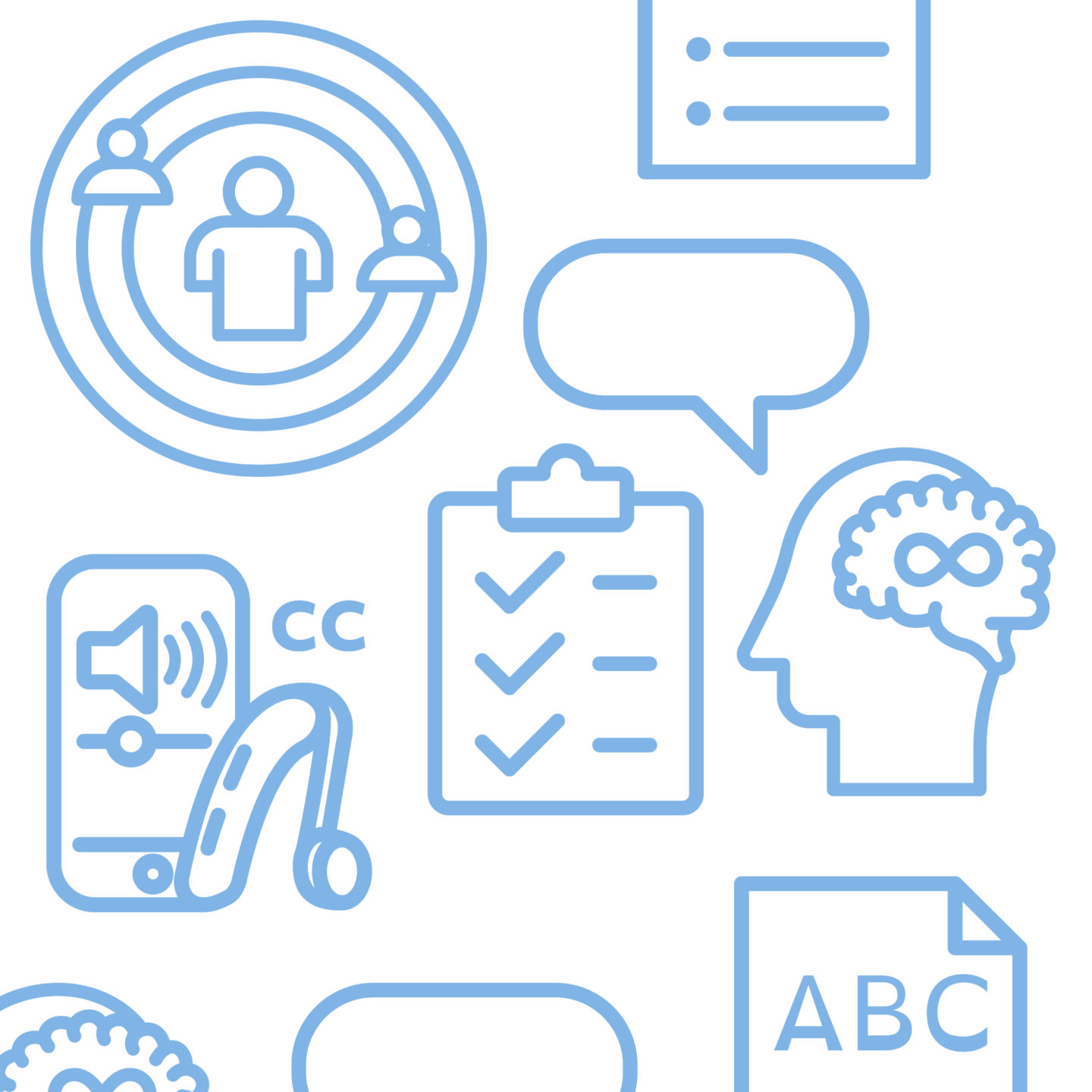 Recruitment, checklist, accessible technology, and neurodiversity symbols.
