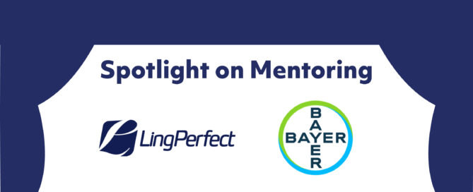 Spotlight on Mentoring: LingPerfect and Bayer. Curtain design in navy blue against white background.